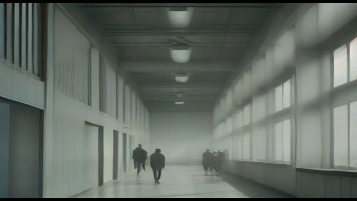 People walking through a bright industrial hall used to house computing hardware