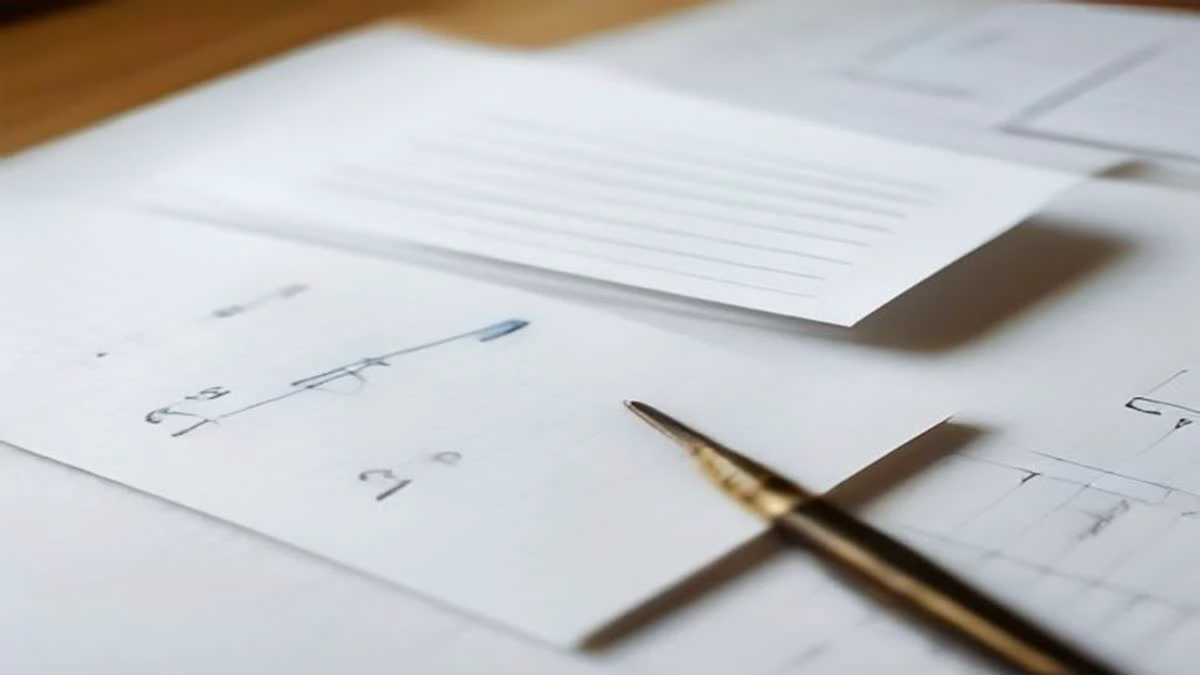 Illustration: slight low angle of a close-up of a spreadsheet printout and a pen on a wooden desk, soft morning light