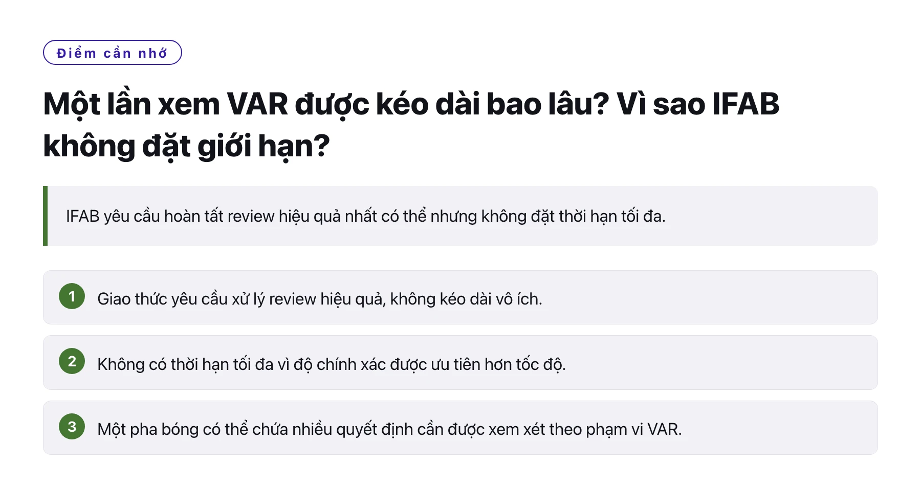 Một lần xem VAR được kéo dài bao lâu? Vì sao IFAB không đặt giới hạn?——全文要点速览